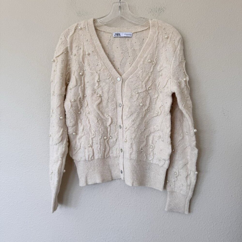 Zara Embellished Cream Beaded Sweater Cardigan - Picture 6 of 10